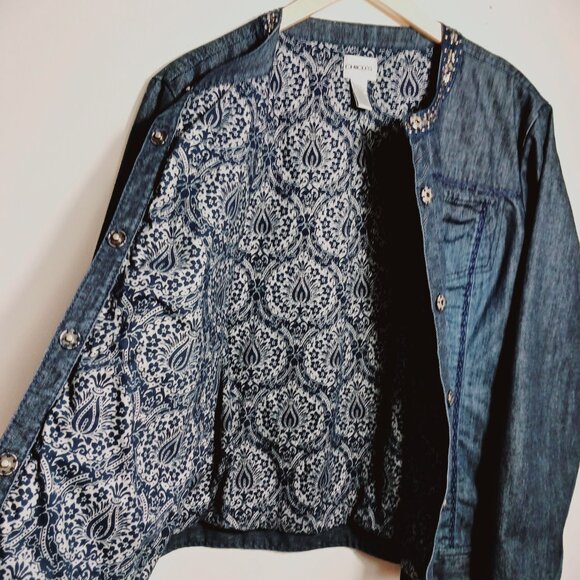 Chico's Size 3, Denim Jacket, Dark Blue, Embellished, Beautifully Lined, 3 = XL - Picture 6 of 12
